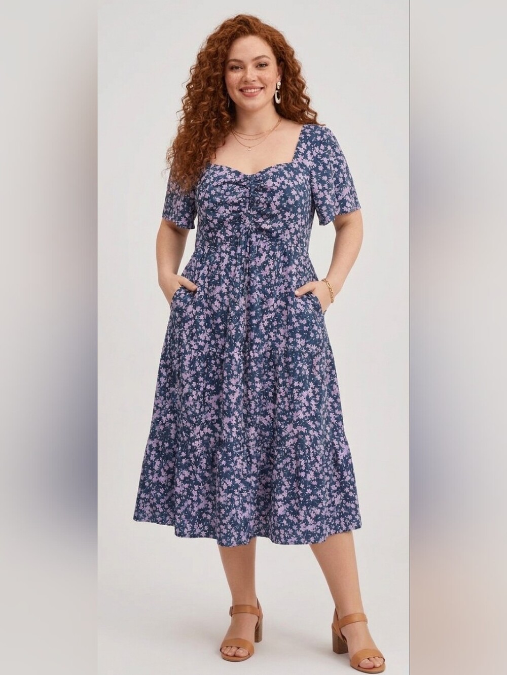 Bloomchic Navy Floral Ruched Flutter Sleeve Drawstring Midi Dress Size 14/16